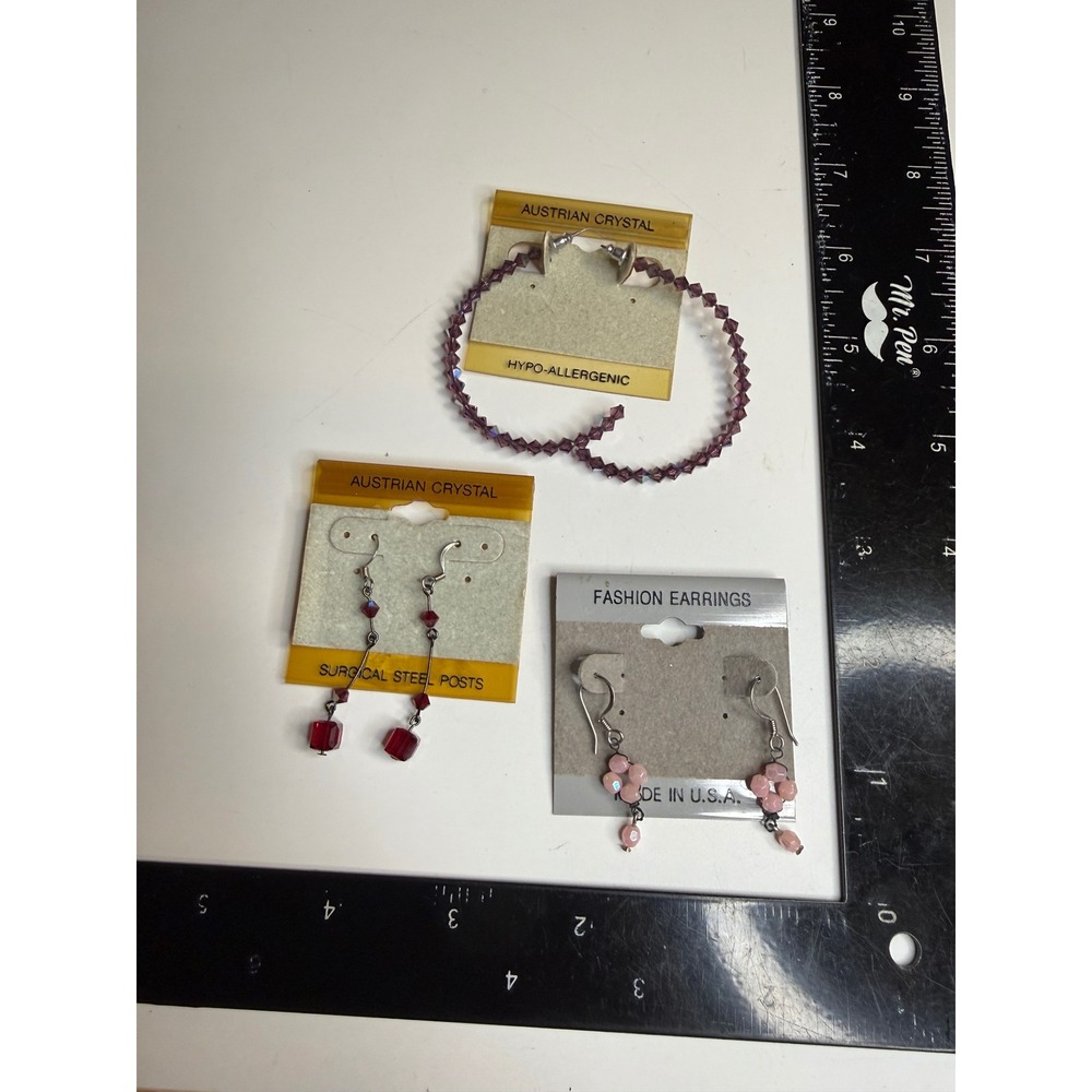 Austrian Crystal Earring Lot Purple Hoops Red Drops Pink Beaded Dangles 3 Pairs